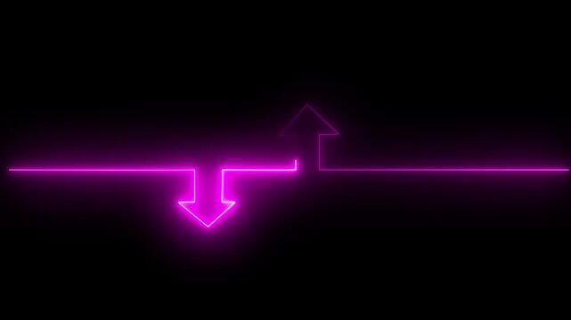 Glowing purple neon continuous line forming up and down arrows isolated on black background, perfect for finance, trade, and data exchange concept.