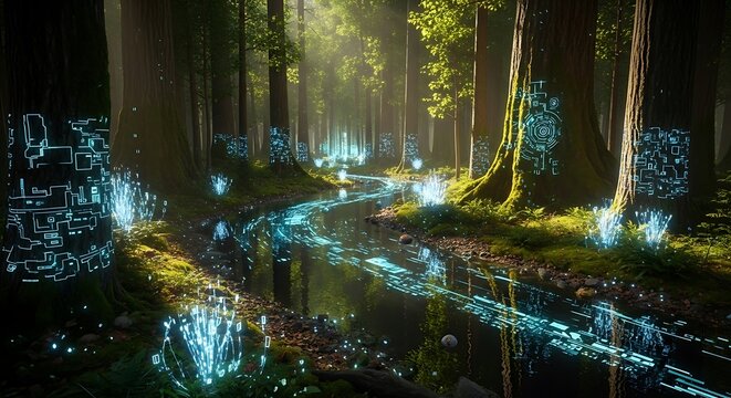 Magical forest path with glowing blue light streams and holographic data patterns