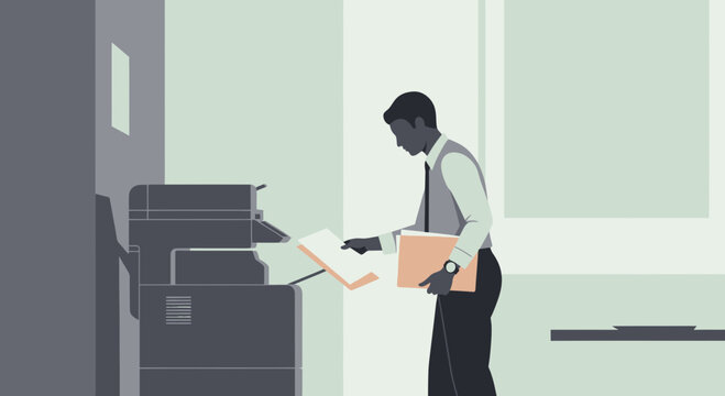 Office worker using copier machine with documents, business workflow, administrative tasks