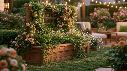Fototapeta premium Hot Summer season lifestyle theme. A vivid outdoor scene depicts a serene garden at dusk. A wooden planter box is the main subject, adorned with a cascading floral archway.