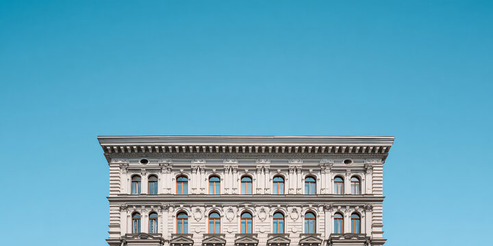 Symmetrical Historic White Building Facade Against Blue Sky