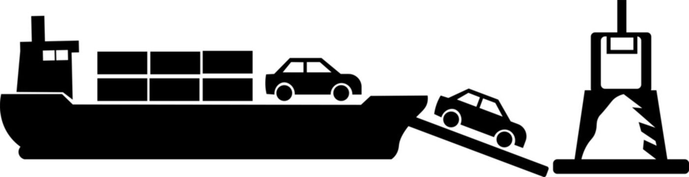 Cargo ship loading cars at port with crane, RoRo vessel logistics glyph icon vector