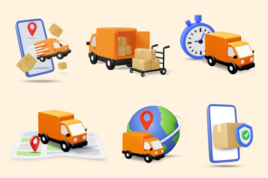 set of 3d vector illustrations featuring logistics delivery trucks online shopping smartphone tracking systems global shipping and fast express transportation icons isolated on background