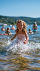 Fototapeta premium Hot Summer season lifestyle theme. A vibrant outdoor portrait of a young girl splashing in the water. She wears a floralpatterned swimsuit and has a bright smile. Her curly hair flows freely.