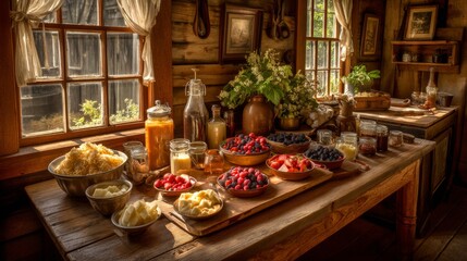 Fototapeta premium Rustic kitchen table adorned with fresh fruits, preserves, and condiments, highlighting a warm, inviting atmosphere of homemade goodness and natural colors
