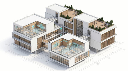 Obraz premium Modern Architectural Building Design With Green Rooftops And Cutaway Views.