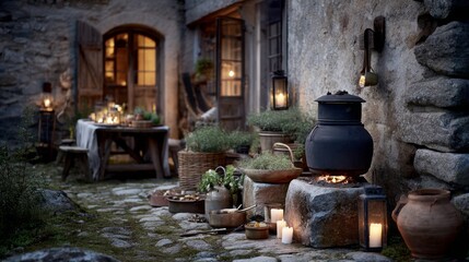 Fototapeta premium Enchanting Outdoor Kitchen Scene with Stone Pathway, Rustic Pots, Lanterns, and Herbs Set Amongst Cozy Cottage Vibes and Gentle Candlelight
