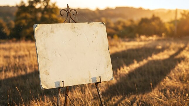 Blank sign on easel in golden hour meadow
