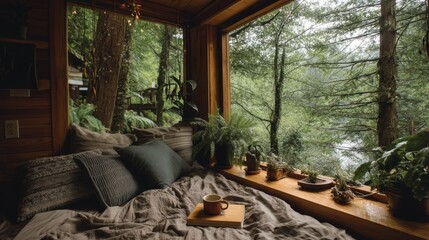 Fototapeta premium Cozy rustic bedroom with large window overlooking lush green forest and tranquil river, inviting ambiance and peaceful atmosphere for relaxation