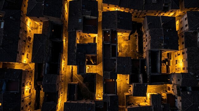 Aerial top down view of historic village rooftops at night