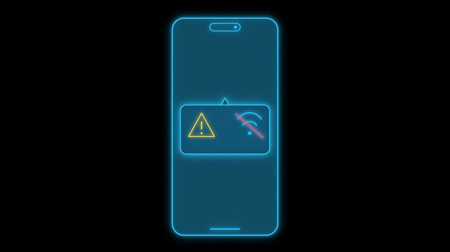 Glowing neon blue outline of smartphone with pop-up notification containing warning triangle and slashed WiFi symbol.