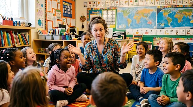 Animated teacher telling stories to a diverse group of happy children
