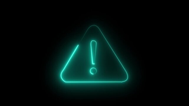 Glowing cyan neon warning triangle sign with exclamation mark isolated on black background, perfect for alert, risk, system error, and hazard concept.
