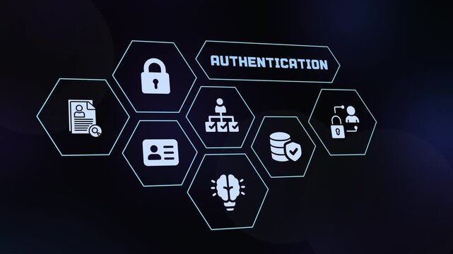 Secure user authentication and multi-factor login interface concept with glowing digital icons on background