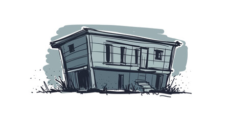 Hand drawn illustration of a tilted house on stilts. © Ndog
