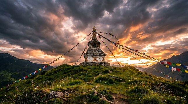 Buddhist stupa with prayer flags on a mountain peak at sunset