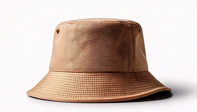 A stylish tan bucket hat sits on a white surface with a subtle shadow.