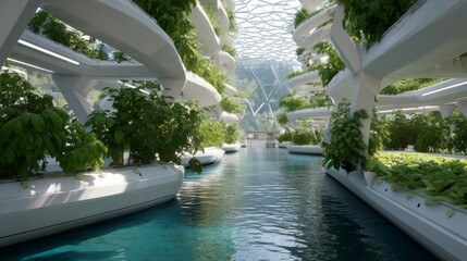 Fototapeta premium Tranquil Urban Oasis with Lush Greenery in Modern Architectural Design Surrounded by Water Canals and Natural Light for Sustainable Living