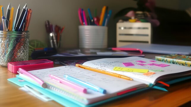 A study area with a mix of bright-colored pens, sticky notes, and a planner opened to a fresh week.