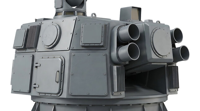 Modern naval closein weapon system turret isolated on transparent background advanced automated defense system for warships with missile launchers and radar sensors