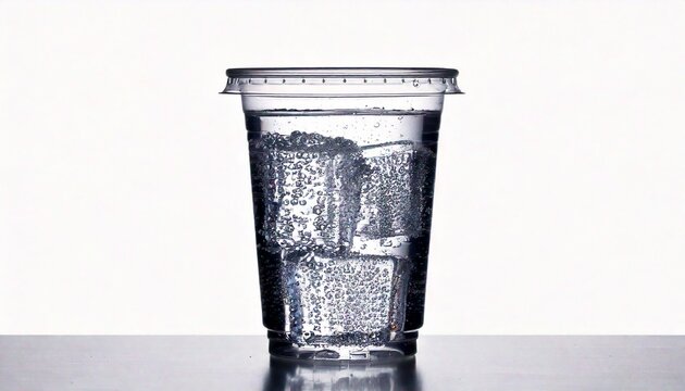 A clear plastic cup filled with ice cubes and water on a table.
