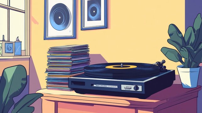 A vinyl record player with a stack of classic records beside it.