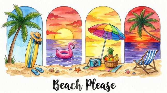 Beach Please Watercolor Summer Collage With Surfboard Flamingo Float Palm Trees Sunset Beach Scenes
