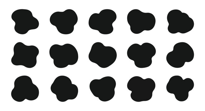 Collection of 15 irregular abstract black shapes and amorphous blobs arranged in a grid on a white background, useful for modern graphic design elements and organic silhouette patterns.