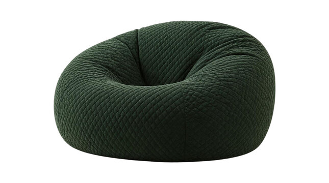 Dark green quilted bean bag chair for modern home interior design isolated on white background
