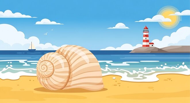 Large spiral seashell on sandy beach with lighthouse and calm ocean waves