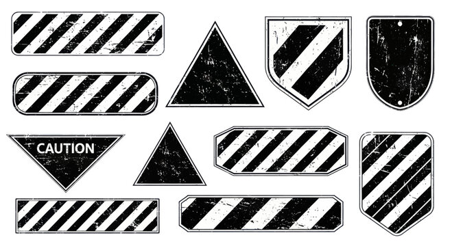 Collection of grunge hazard and caution signs with diagonal stripes.