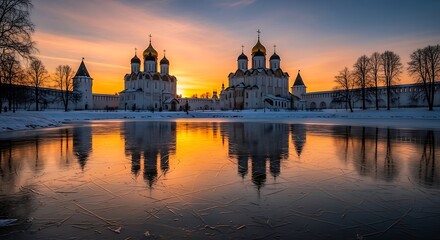 Obraz premium Orthodox cathedral reflected in frozen lake at sunset