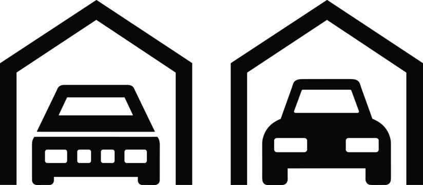 Set of simple vector icons showing a front view of cars parked inside a garage structure line art