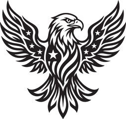 Fototapeta premium Black eagle with stars and flames wings detailed vector illustration