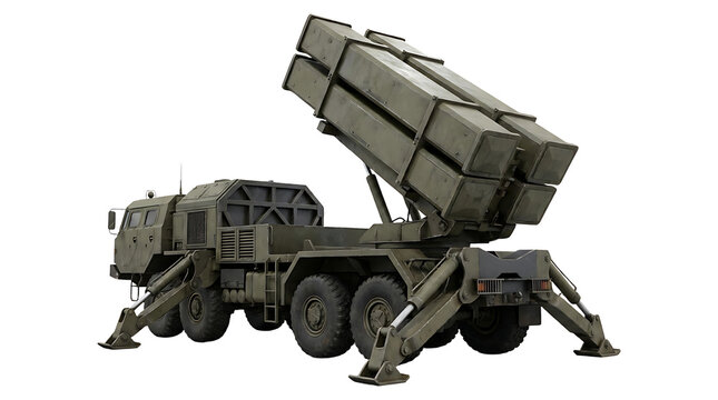 Military rocket launcher vehicle isolated on transparent background heavy artillery truck with multiple missile launch system, 3d render illustration