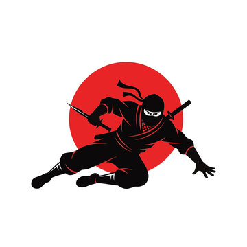 Dynamic silhouette of a Japanese ninja warrior sliding in a combat pose, holding a tanto blade against a large red rising sun background, isolated vector illustration on white.