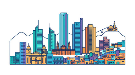 Obraz premium Colorful Hand-Drawn Skyline of a Modern City with Mountains