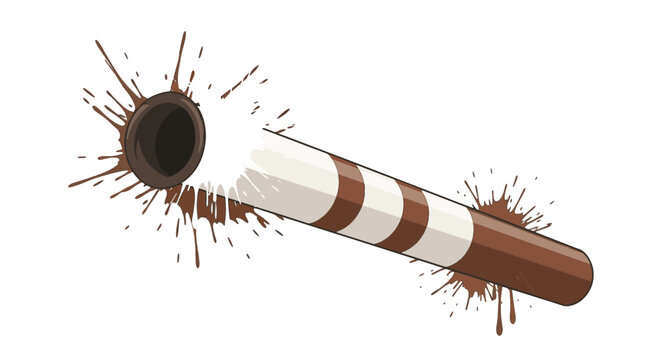 Vector illustration of a brown and white striped equestrian jump pole end with chocolate brown liquid splatter and splashes, isolated on a clean white background.