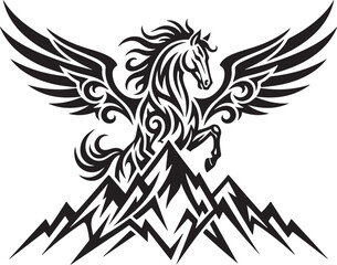 Obraz premium Black winged horse silhouette with mountain illustration