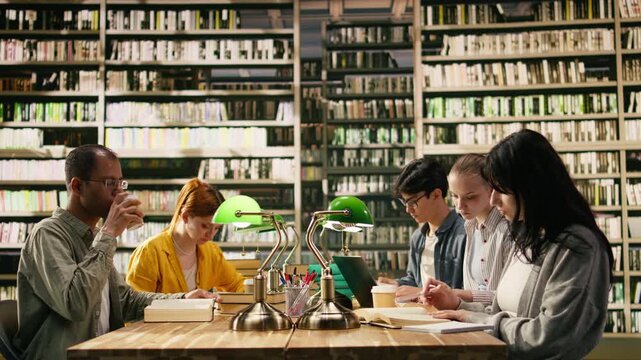 Portrait of smiling students and adult tutor sit together in library, diverse study group at wooden table with books.