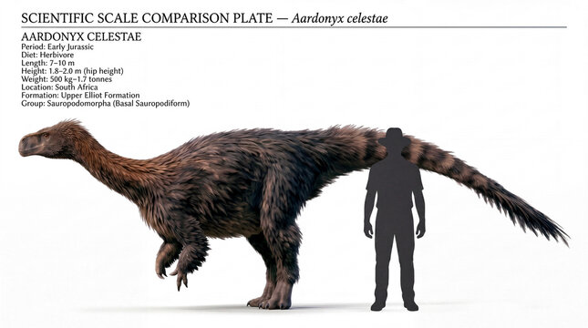 Aardonyx celestae size comparison with a human silhouette and educational information, isolated on a clean white background
