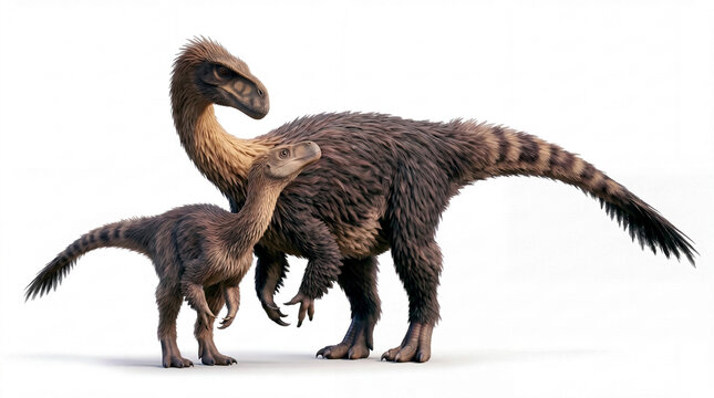 Adult Aardonyx celestae with a juvenile, depicting an extinct Early Jurassic dinosaur and its young isolated on white