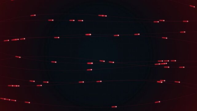 Abstract glowing data streams in fiber optic cables turning bright red and halting to symbolize network outage.