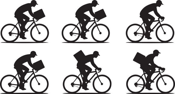 Six black silhouette graphics of express delivery men riding bicycles carrying packages on their backs
