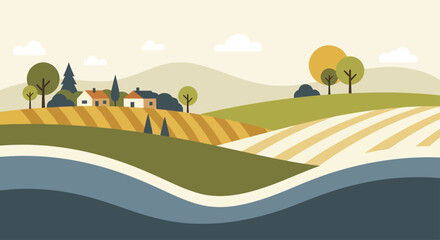 Rural village landscape with rolling hills and agricultural fields under a clear sky. © Gajah