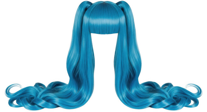 Bright blue wig with long wavy hair, straight bangs, and two pigtails isolated on a solid black background