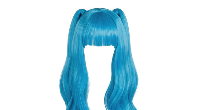 Bright cyan blue wig with long wavy hair, straight bangs, and two pigtails isolated on a solid black background, for cosplay or, costume use