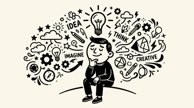 Thoughtful Man Brainstorming Creative Ideas with Mind Map and Lightbulb Icon