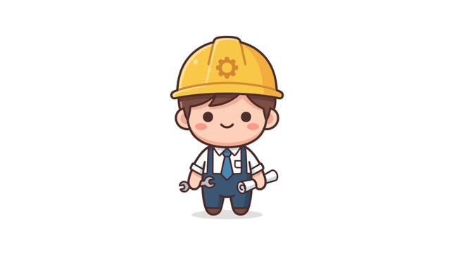 A cute cartoon construction worker character wearing a yellow hard hat and holding tools.