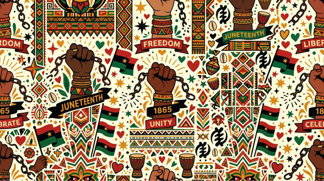 A vibrant seamless vector pattern for Juneteenth celebration featuring raised fists holding broken chains, pan-african flags, drums, hearts, stars, and tribal ornaments with text like "Freedom", "Unit